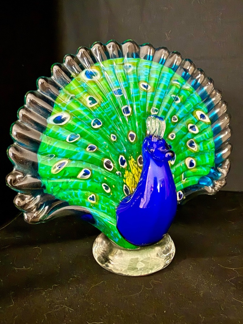 Handblown Italian Murano Style Art Glass Peacock Figurine M8 - 7.5”